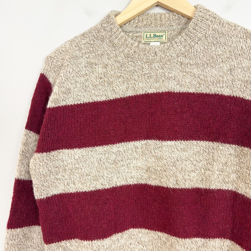 Vintage 90s L.L. Bean Sweater Tan Burgundy Striped Retro Fall Size Medium Women
